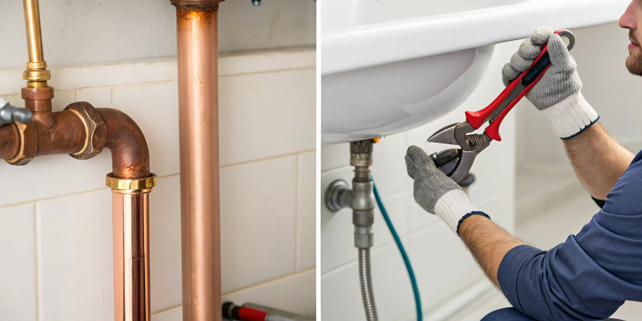 Technician wearing gloves and a blue cap installing or servicing an outdoor air conditioning unit on a white wall.