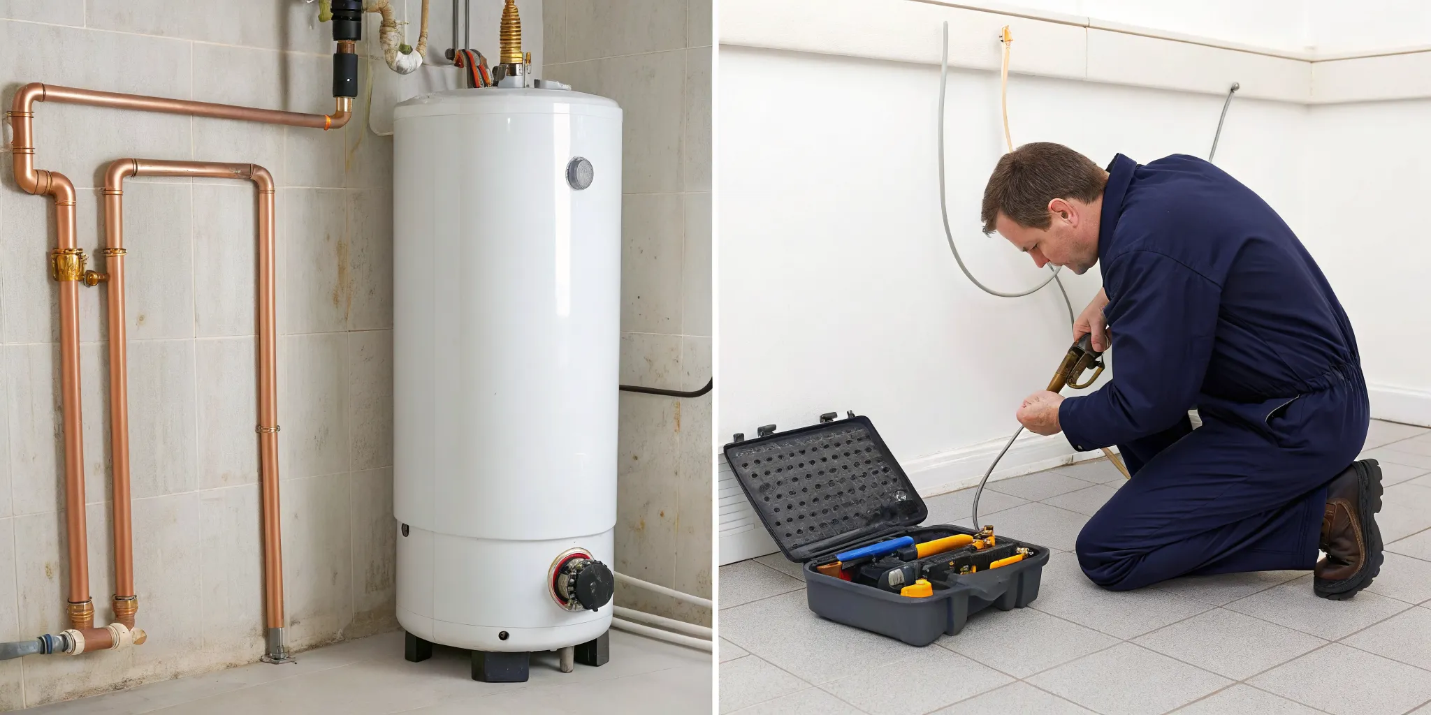 Technician wearing gloves and a blue cap installing or servicing an outdoor air conditioning unit on a white wall.