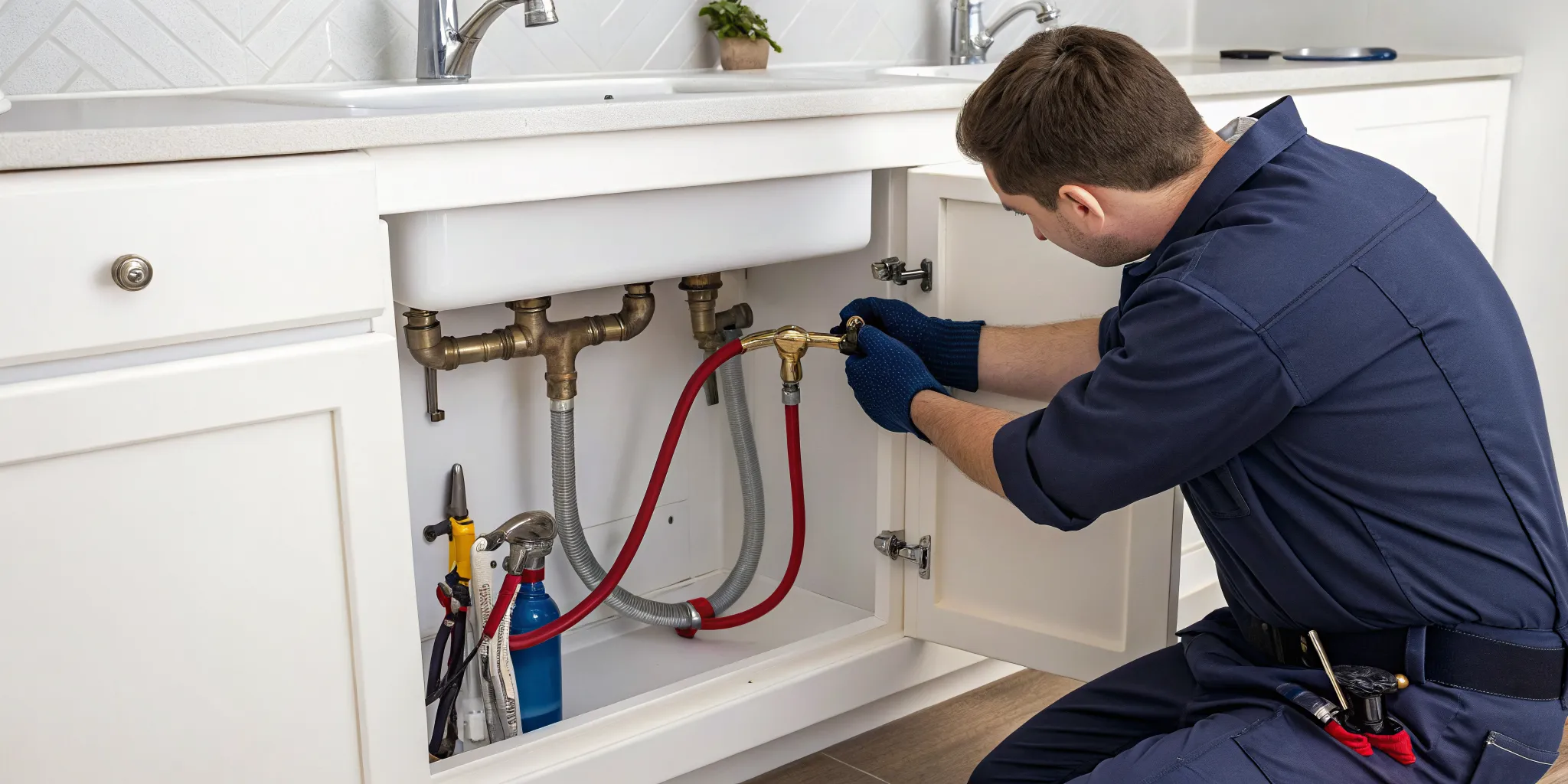 Technician wearing gloves and a blue cap installing or servicing an outdoor air conditioning unit on a white wall.
