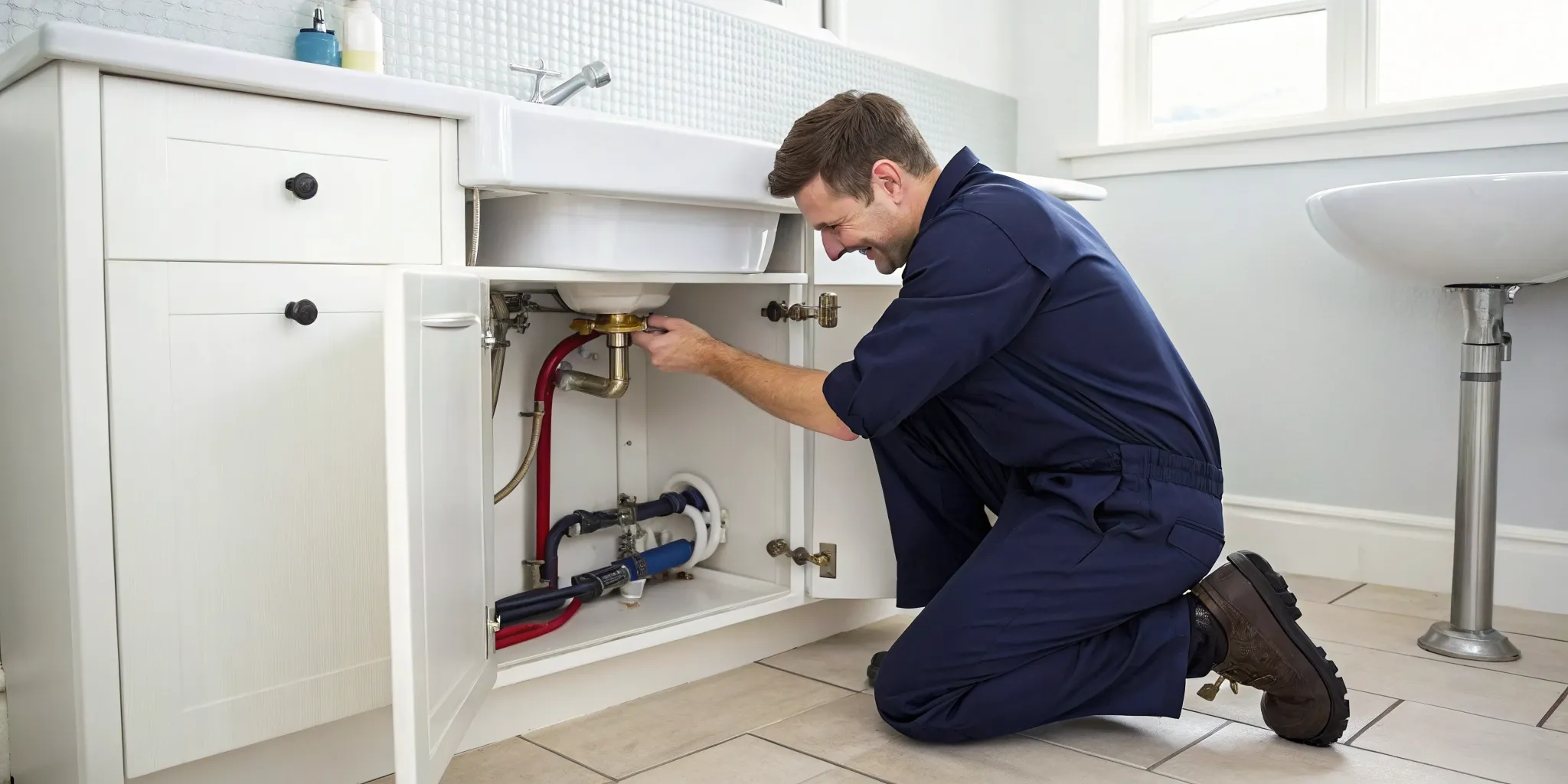 Technician wearing gloves and a blue cap installing or servicing an outdoor air conditioning unit on a white wall.