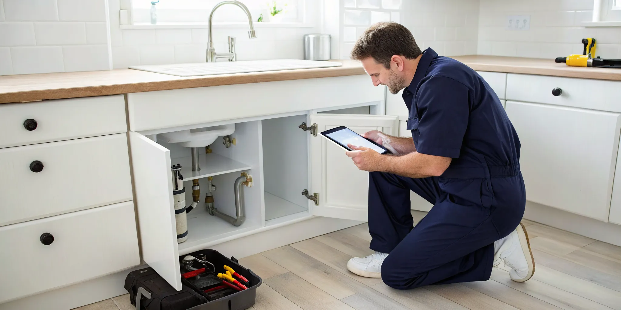 Technician wearing gloves and a blue cap installing or servicing an outdoor air conditioning unit on a white wall.