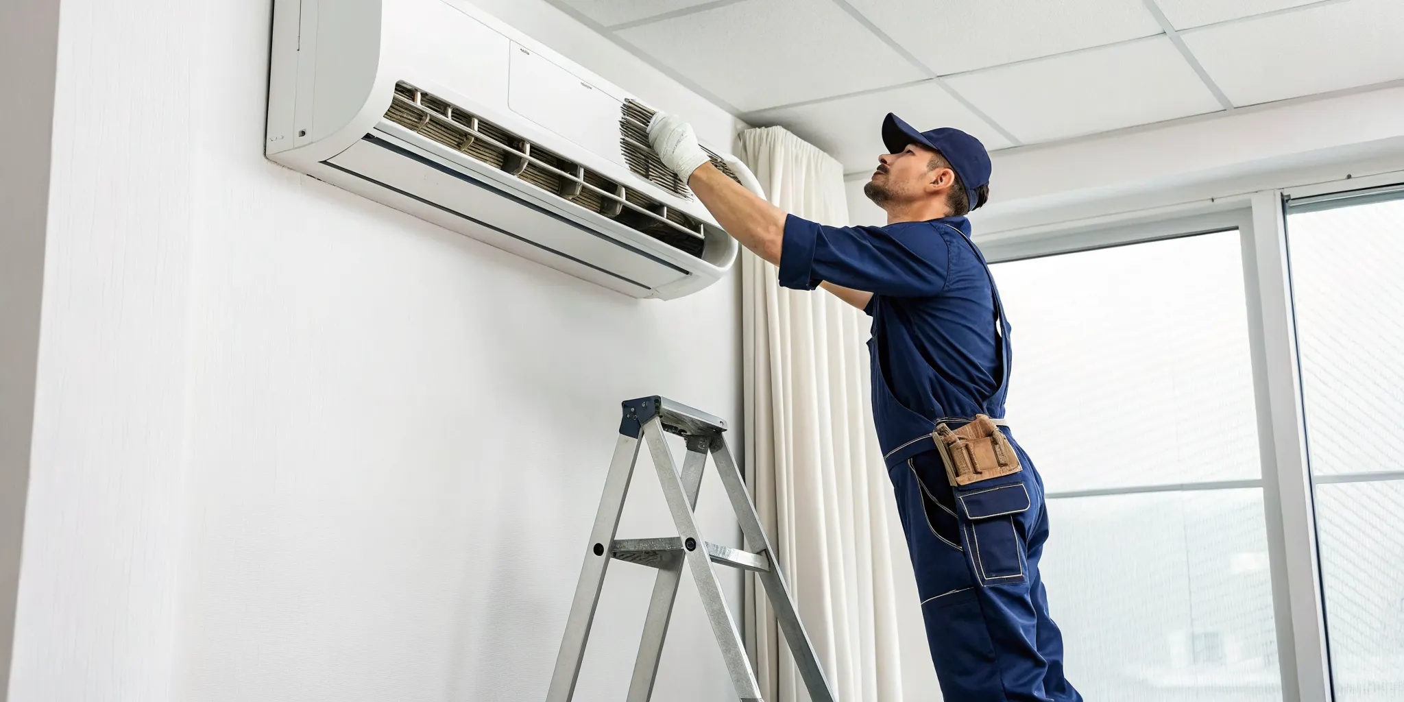 Technician wearing gloves and a blue cap installing or servicing an outdoor air conditioning unit on a white wall.