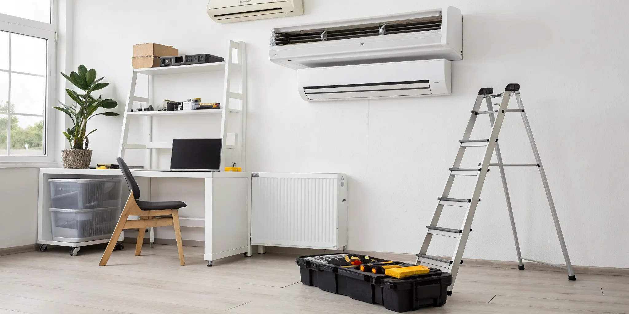 Technician wearing gloves and a blue cap installing or servicing an outdoor air conditioning unit on a white wall.