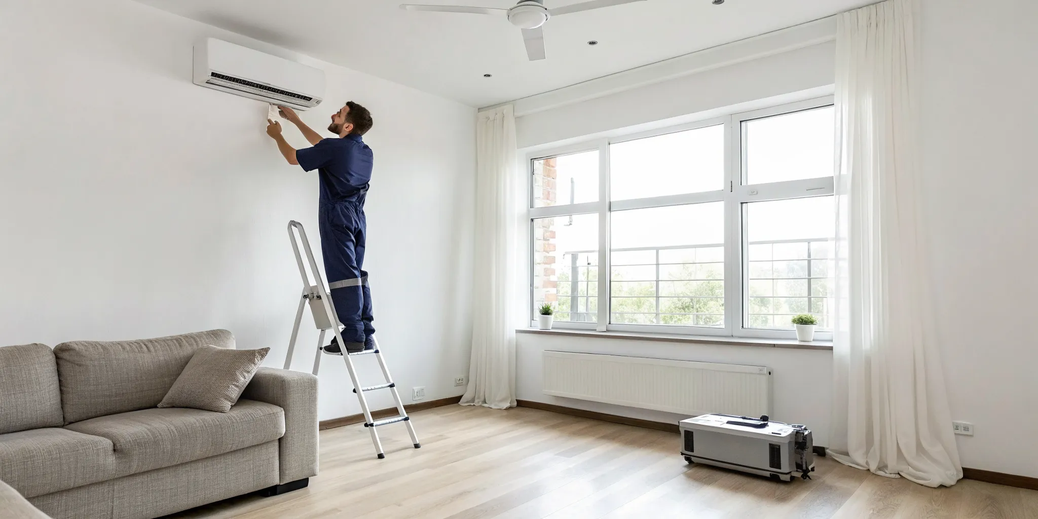 Technician wearing gloves and a blue cap installing or servicing an outdoor air conditioning unit on a white wall.