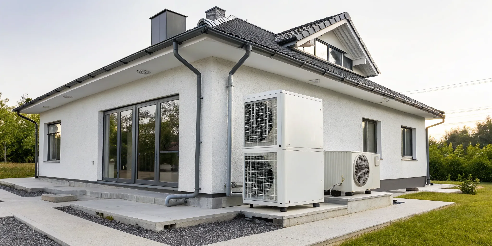 Technician wearing gloves and a blue cap installing or servicing an outdoor air conditioning unit on a white wall.