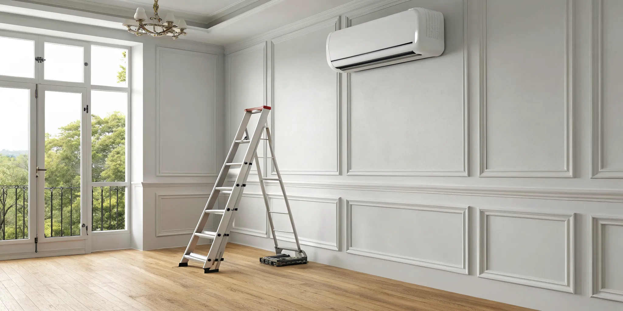 Technician wearing gloves and a blue cap installing or servicing an outdoor air conditioning unit on a white wall.