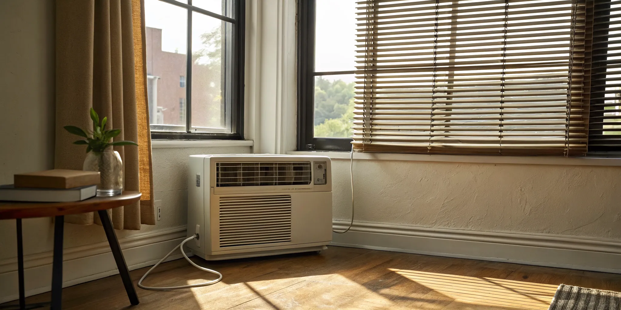 Technician wearing gloves and a blue cap installing or servicing an outdoor air conditioning unit on a white wall.