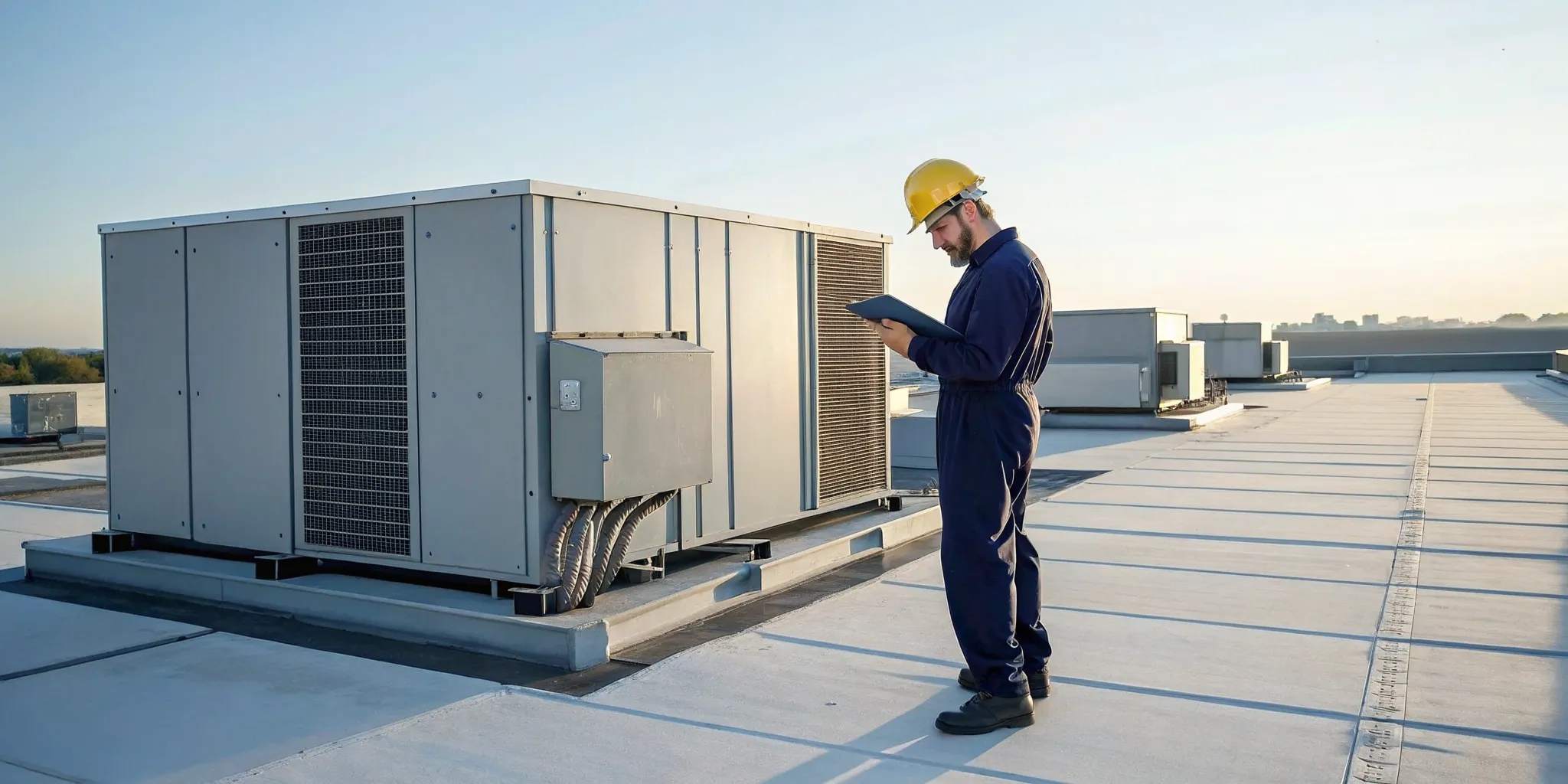 Technician wearing gloves and a blue cap installing or servicing an outdoor air conditioning unit on a white wall.