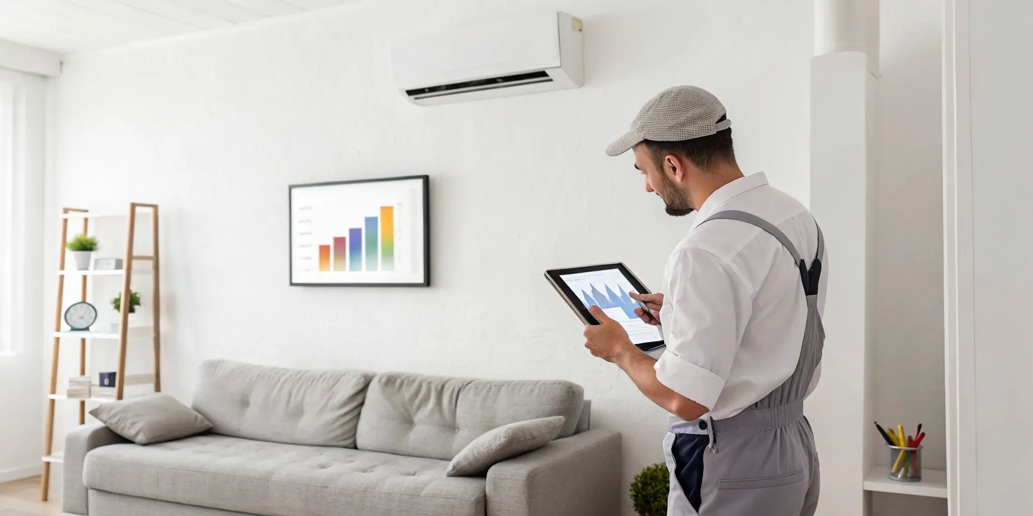 Technician wearing gloves and a blue cap installing or servicing an outdoor air conditioning unit on a white wall.