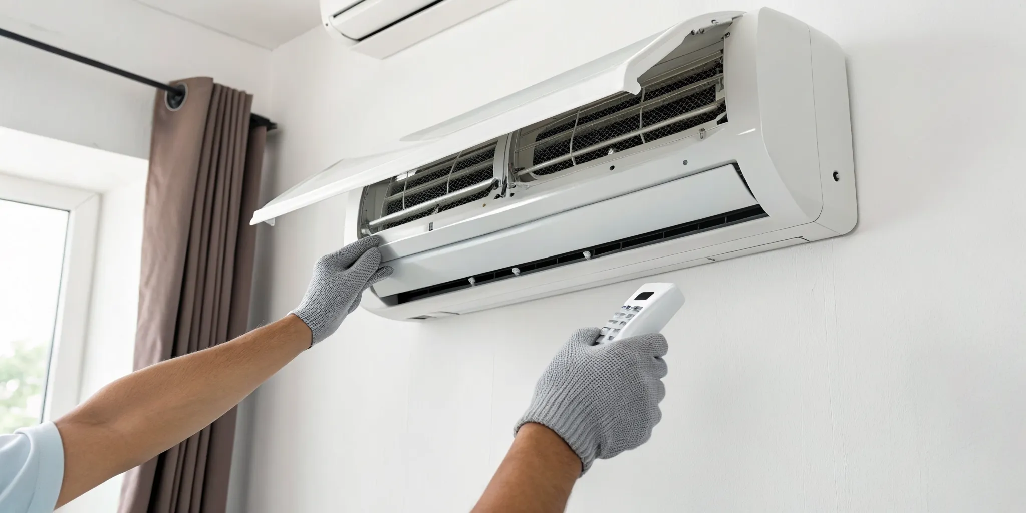 Split AC not cooling but fan is running, a person checks the indoor unit.