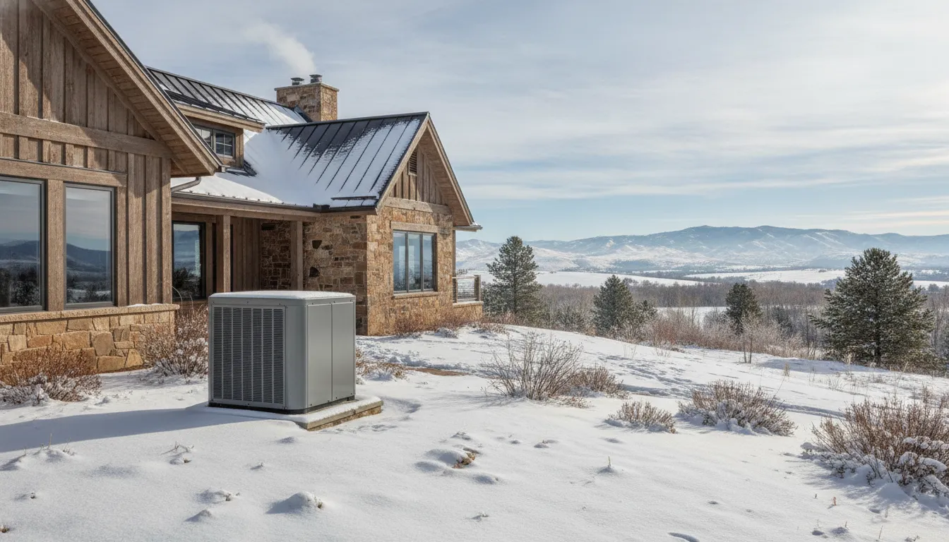 Outdoor heat pump beside a Western Colorado home in winter