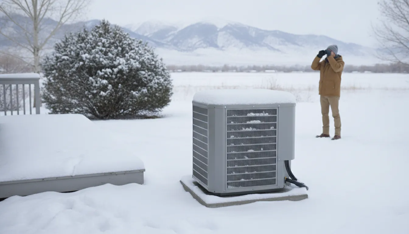 Homeowner checking a heat pump thermostat and airflow before requesting repair