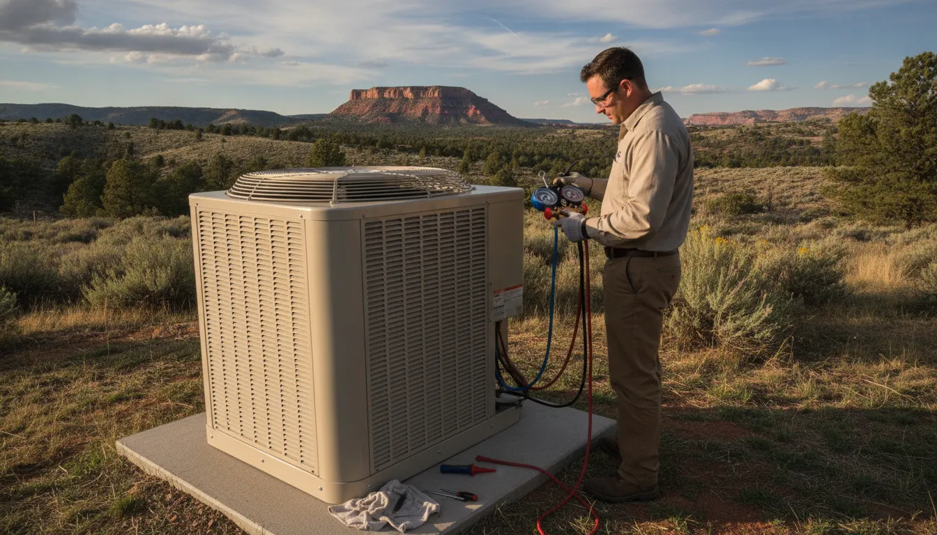 HVAC professional diagnosing a residential heat pump on Colorado's Western Slope