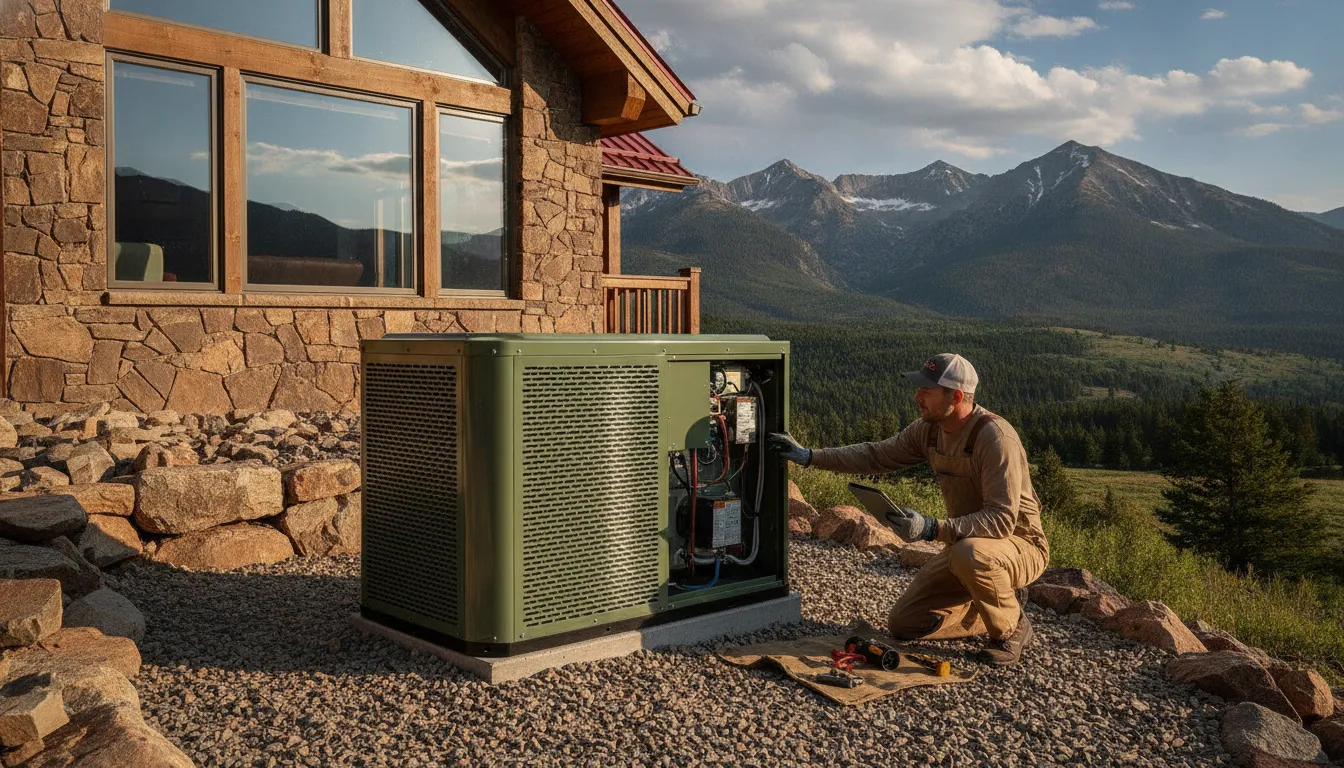 HVAC technician inspecting a compact Daikin FIT system beside a Western Colorado home