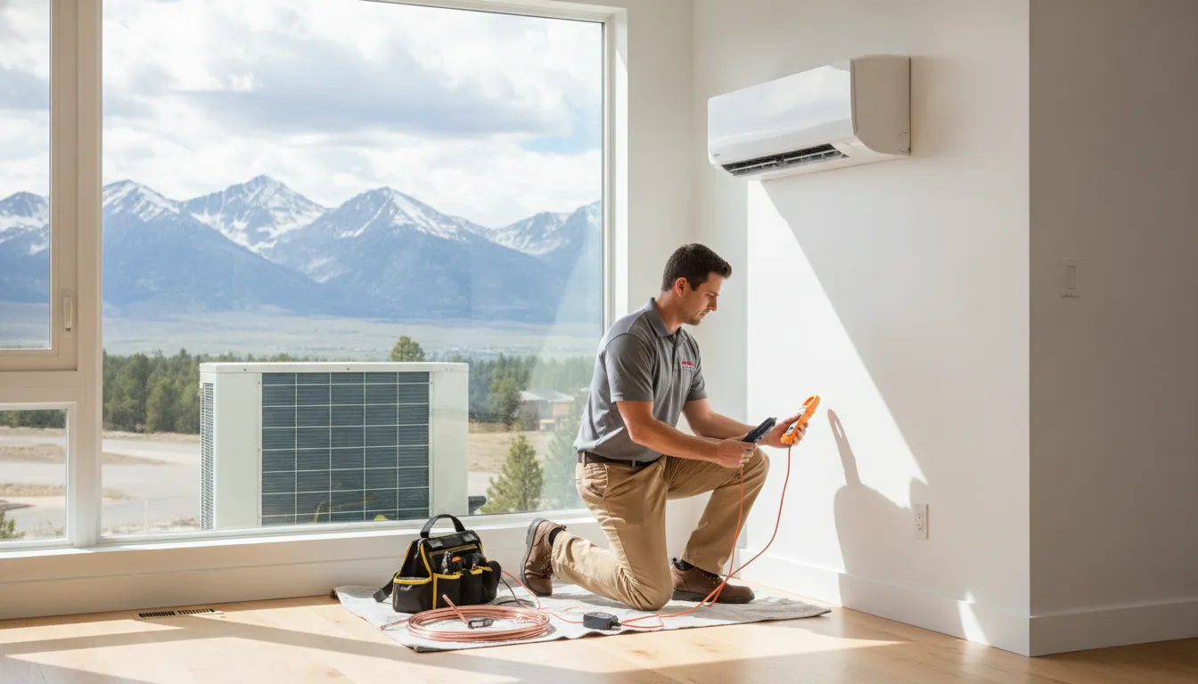 Technician wearing gloves and a blue cap installing or servicing an outdoor air conditioning unit on a white wall.