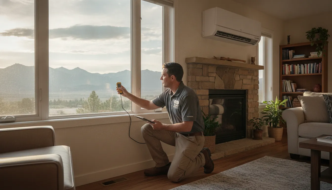 HVAC technician reviewing room conditions for mini split sizing