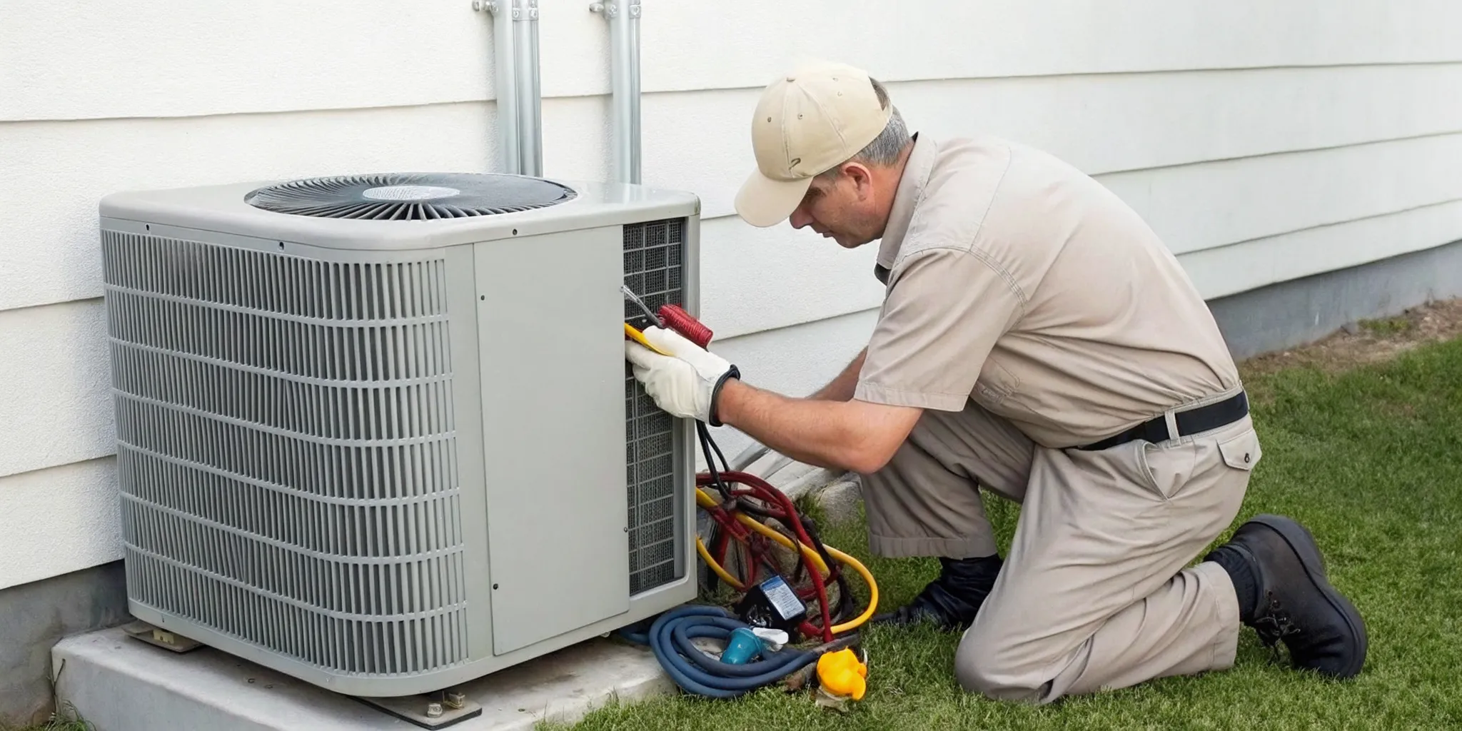 Technician wearing gloves and a blue cap installing or servicing an outdoor air conditioning unit on a white wall.
