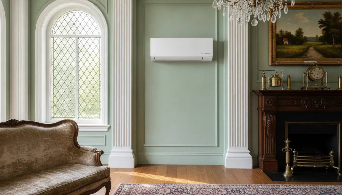A sleek ductless mini-split wall head unit blending into historic home interior trim