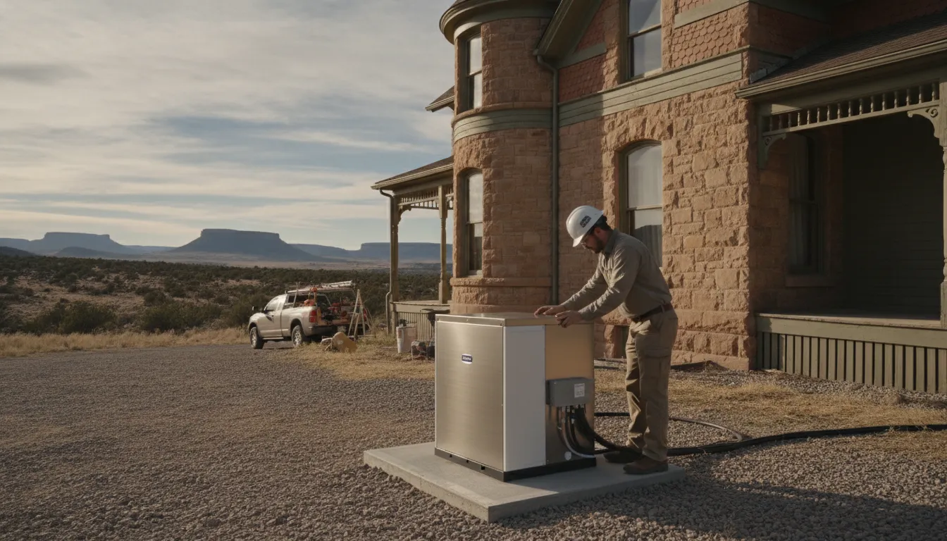 A professional technician installing a modern outdoor mini-split compressor next to a historic house