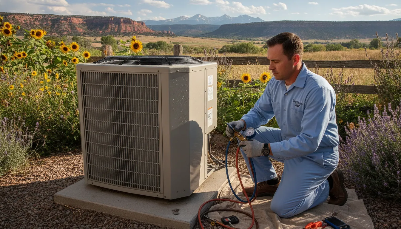 Technician wearing gloves and a blue cap installing or servicing an outdoor air conditioning unit on a white wall.