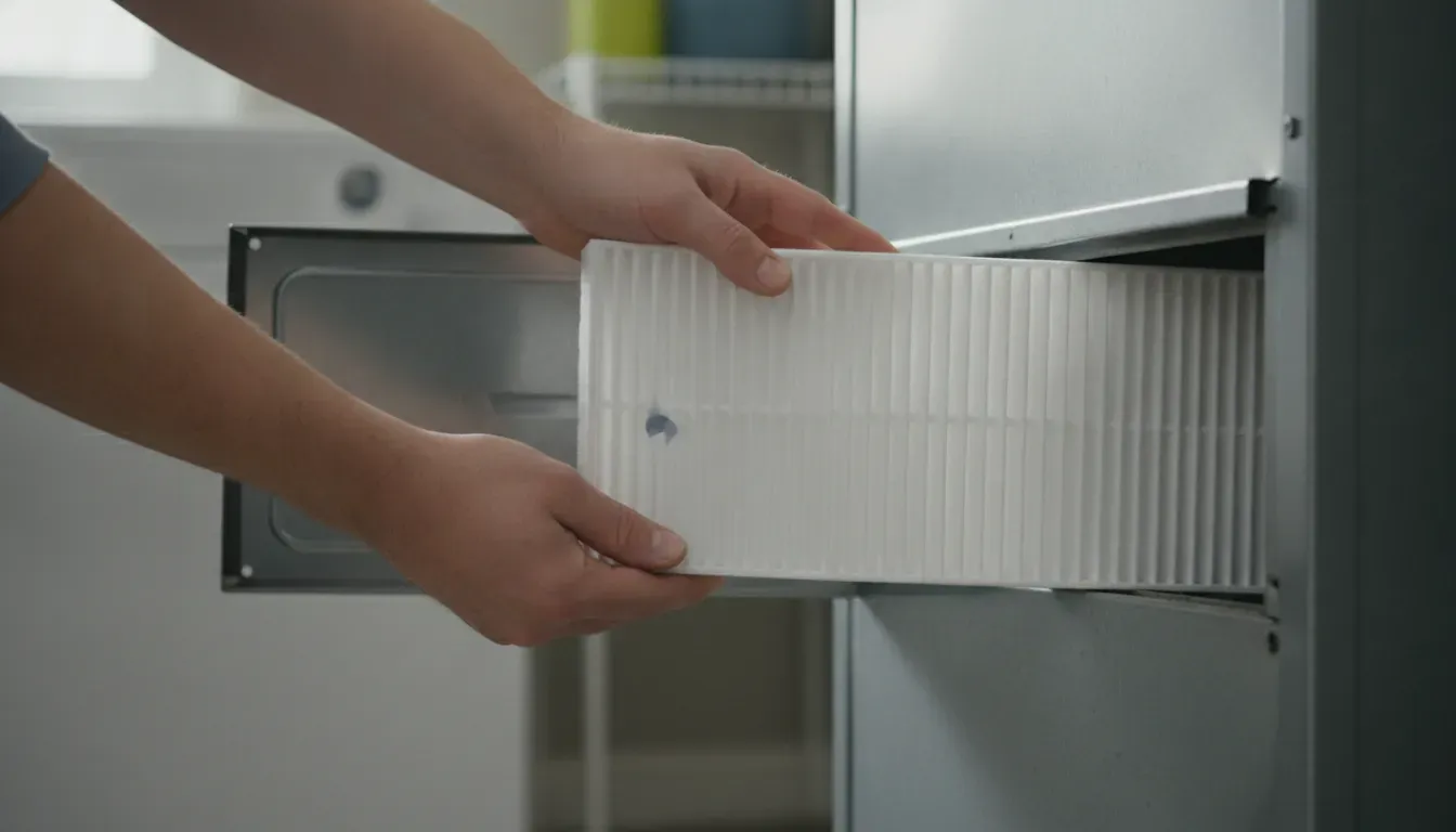 A homeowner replacing a dirty HVAC filter with a clean pleated air filter to improve efficiency.
