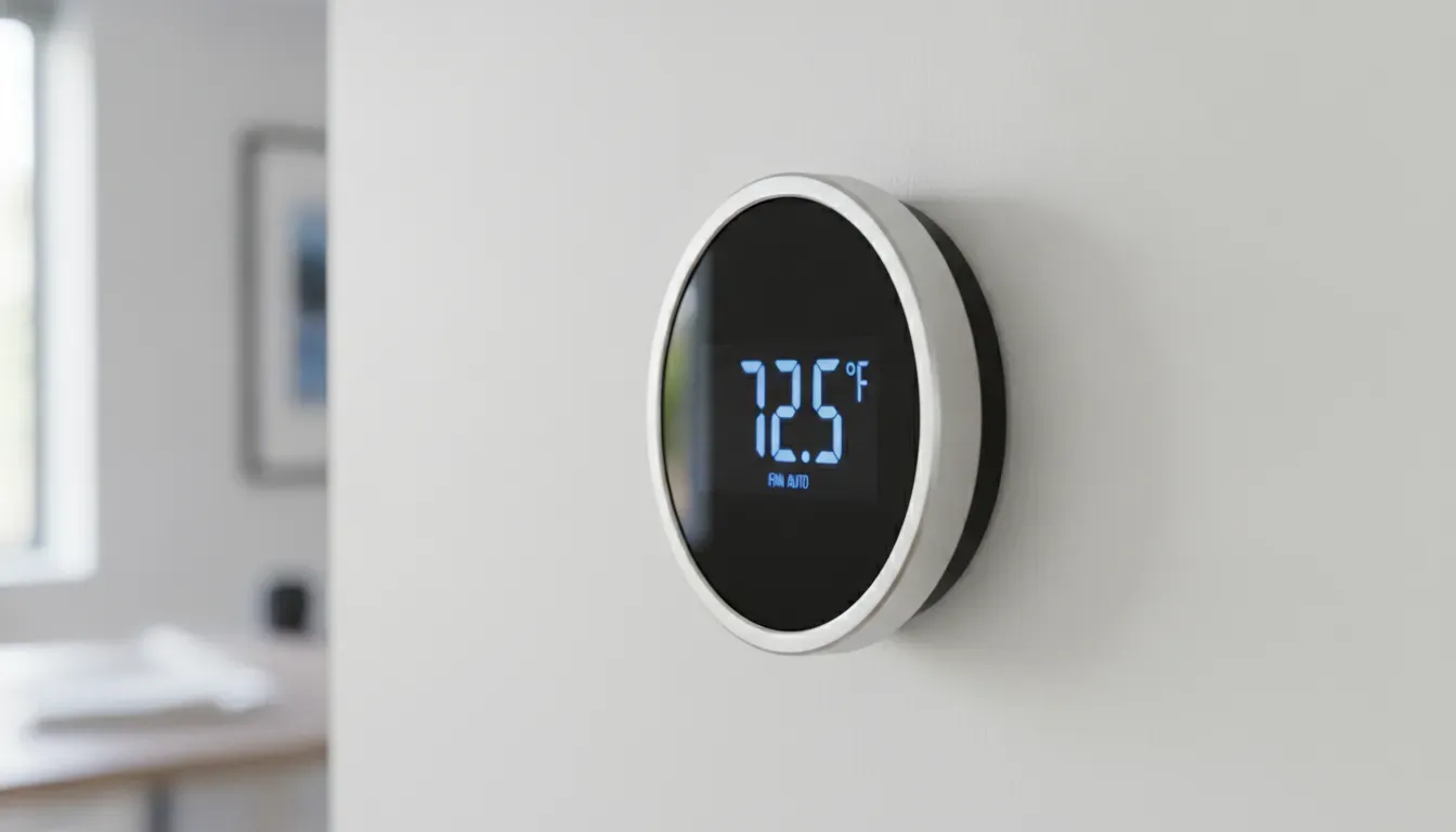 A modern digital smart thermostat mounted on a clean wall, optimizing home energy bills.