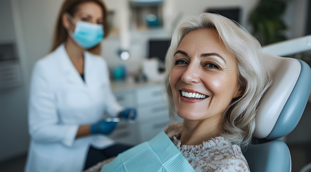 Smiling middle-aged woman sitting in a dental chair with a bib, dentist wearing a mask and gloves in the background.