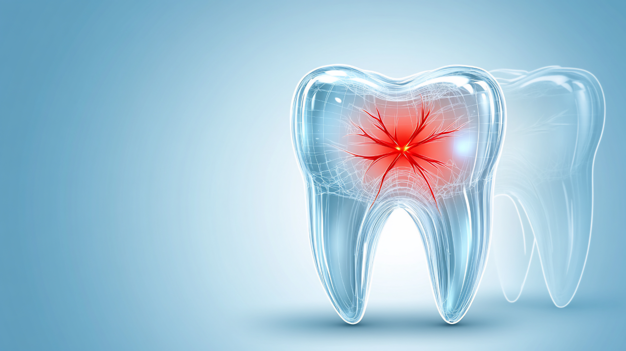 Transparent tooth with red glowing cracks indicating dental pain or damage.