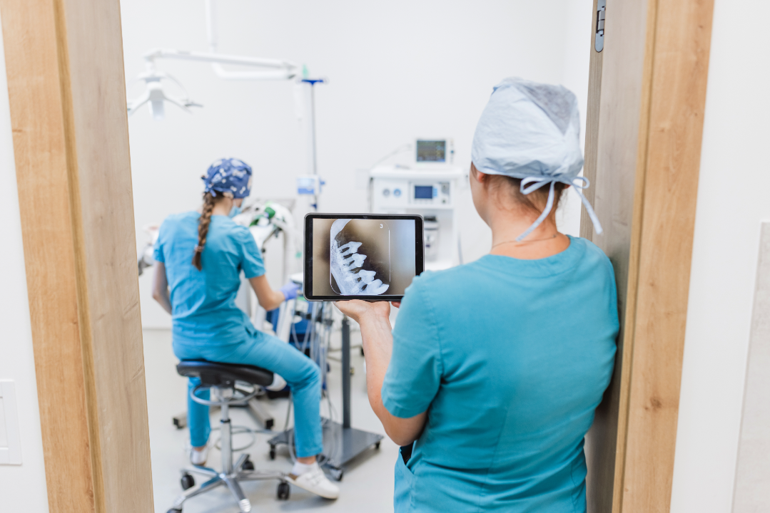 Medical professional in scrubs holding a tablet showing a dental X-ray while another professional works with equipment in a clinical room.