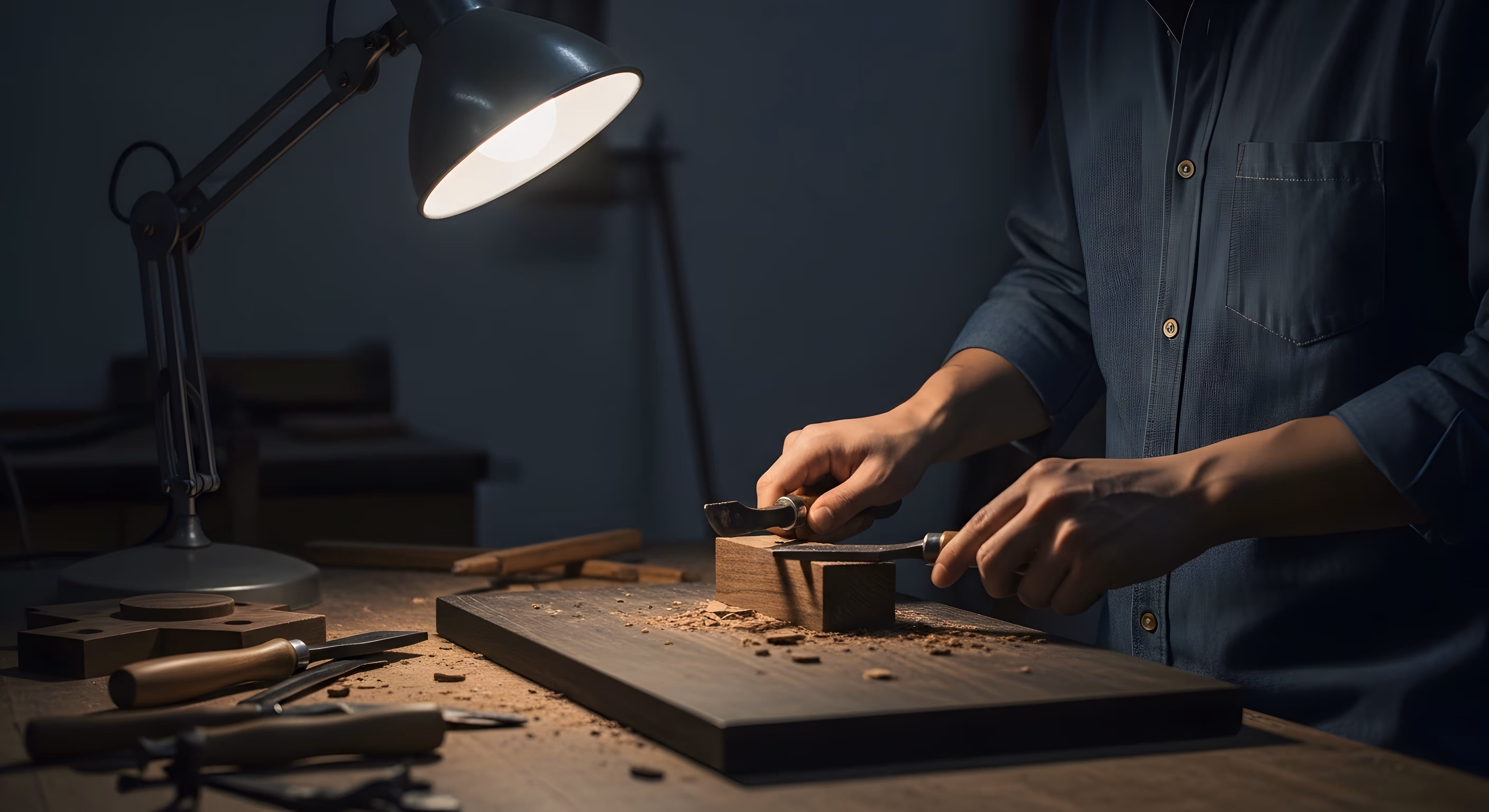 Craftsman carving a piece of wood using chisels under a desk lamp in a dimly lit workshop.