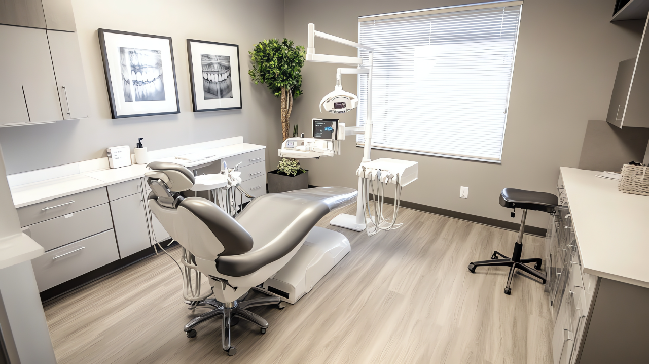 Modern dental clinic room with a reclining dental chair, dental equipment, white cabinetry, and dental X-ray images on the wall.