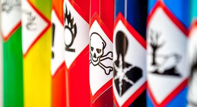 Close-up of GHS hazard pictograms on chemical container labels, showing the flame, skull and crossbones, corrosive and environmental hazard symbols