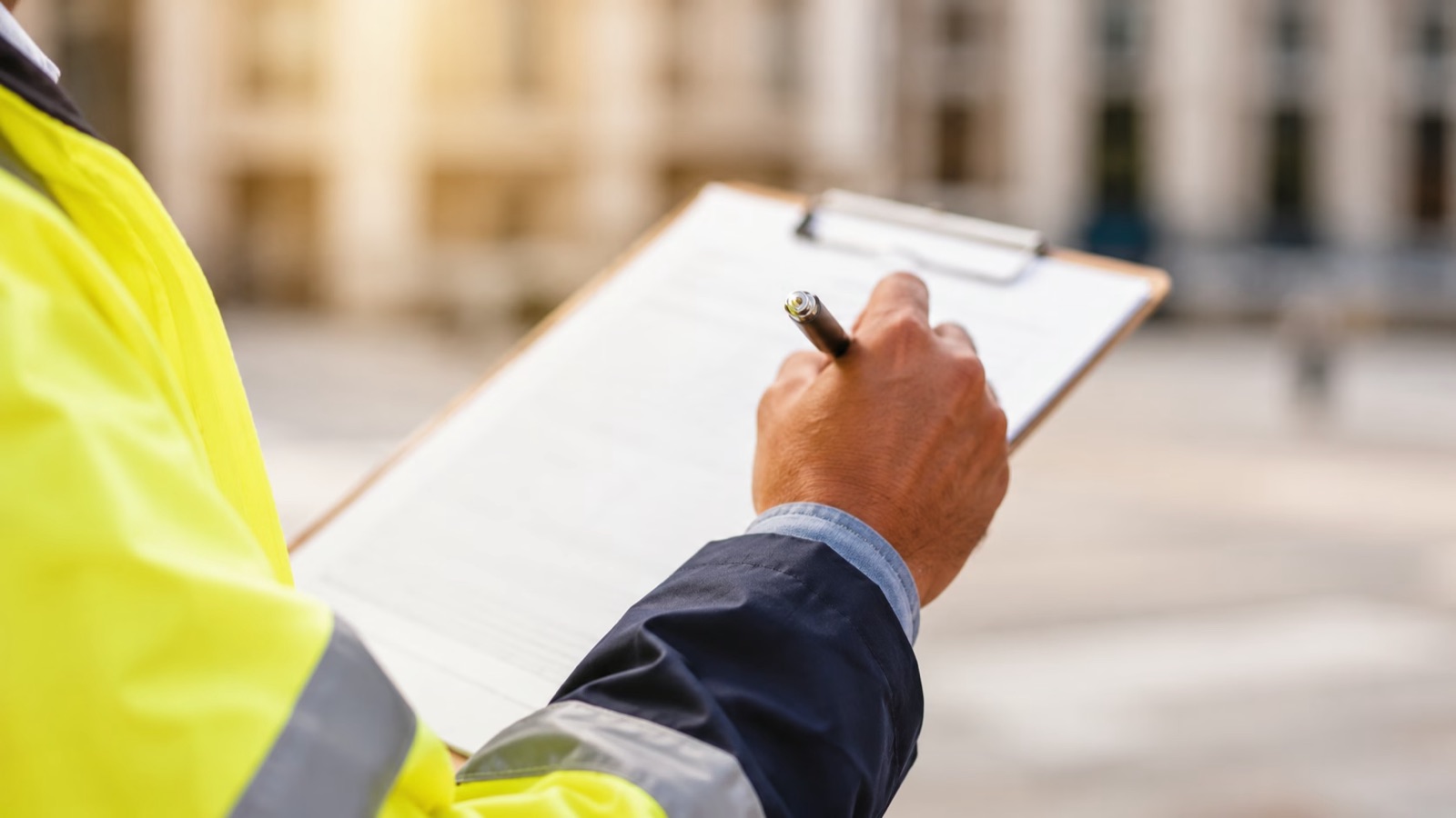 A person in a high-visibility jacket writing on a clipboard outside a building