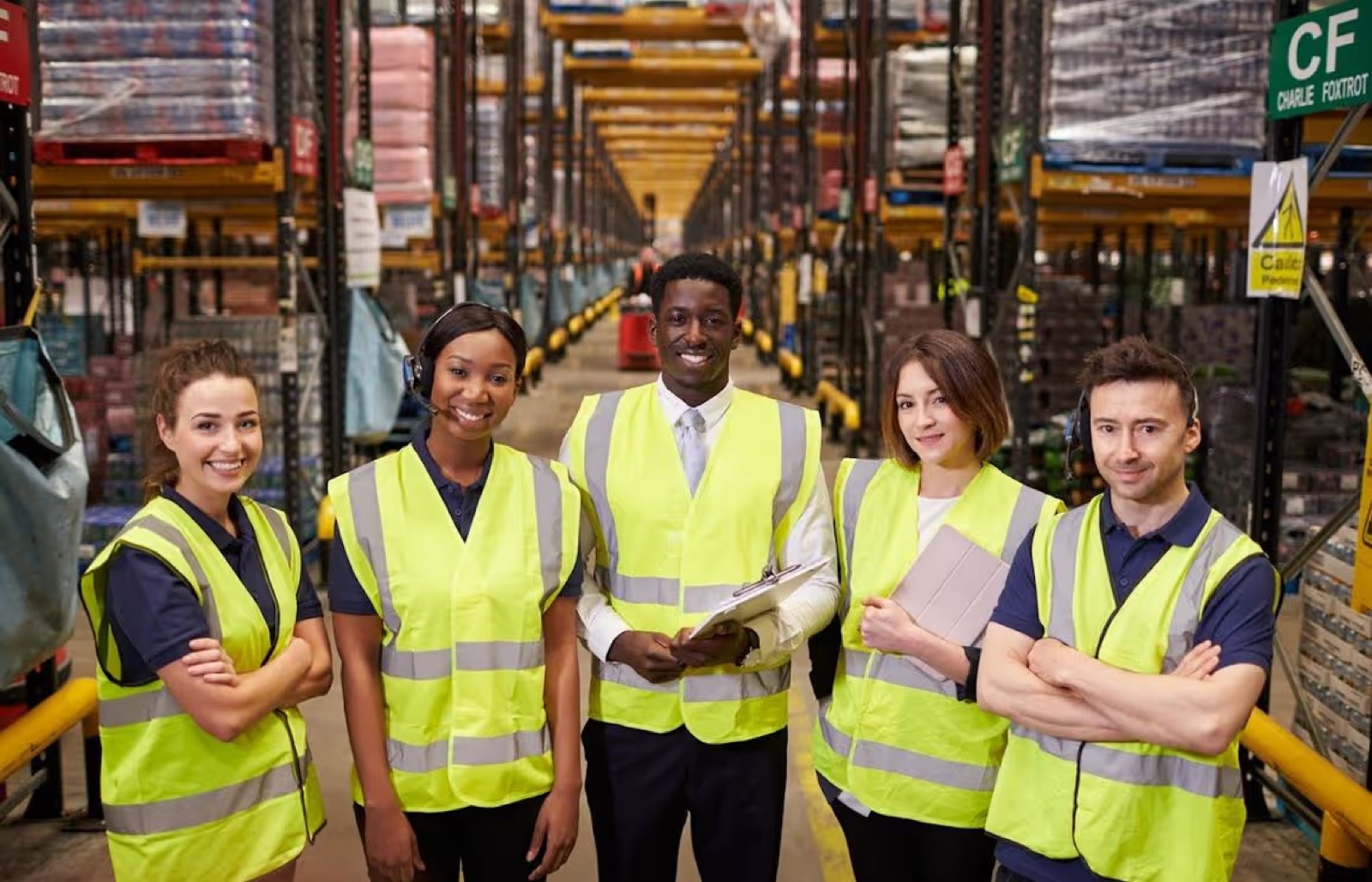 Five warehouse staff in hi-vis vests standing together in a racking aisle