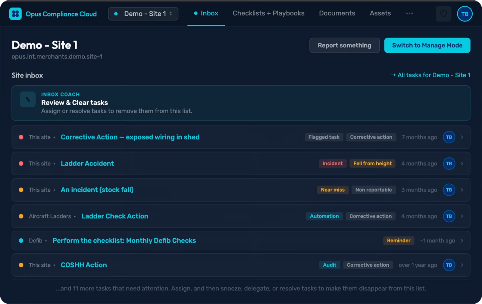Health and safety software site inbox listing corrective actions, an incident, a near miss and checklist reminders for a demo site