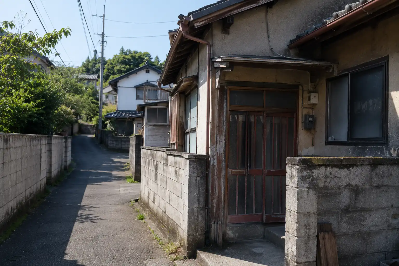 Small aging timber house on a narrow Tokyo street, an example of unrebuildable land