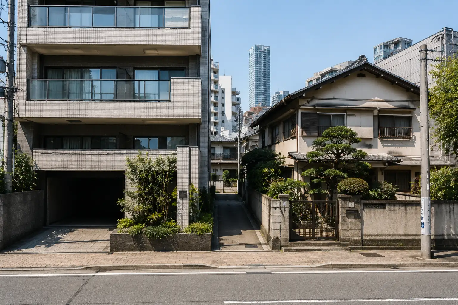 Modern condominium tower beside a detached house in Tokyo