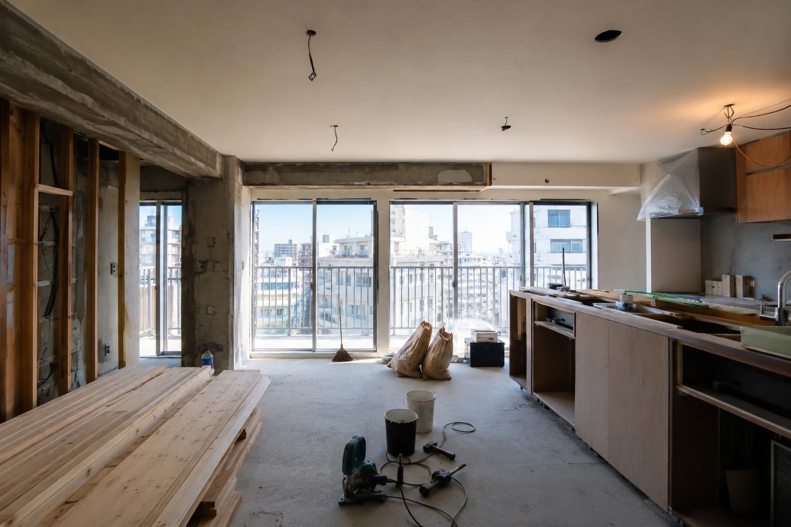 Renovated apartment interior in Tokyo with natural wood finishes