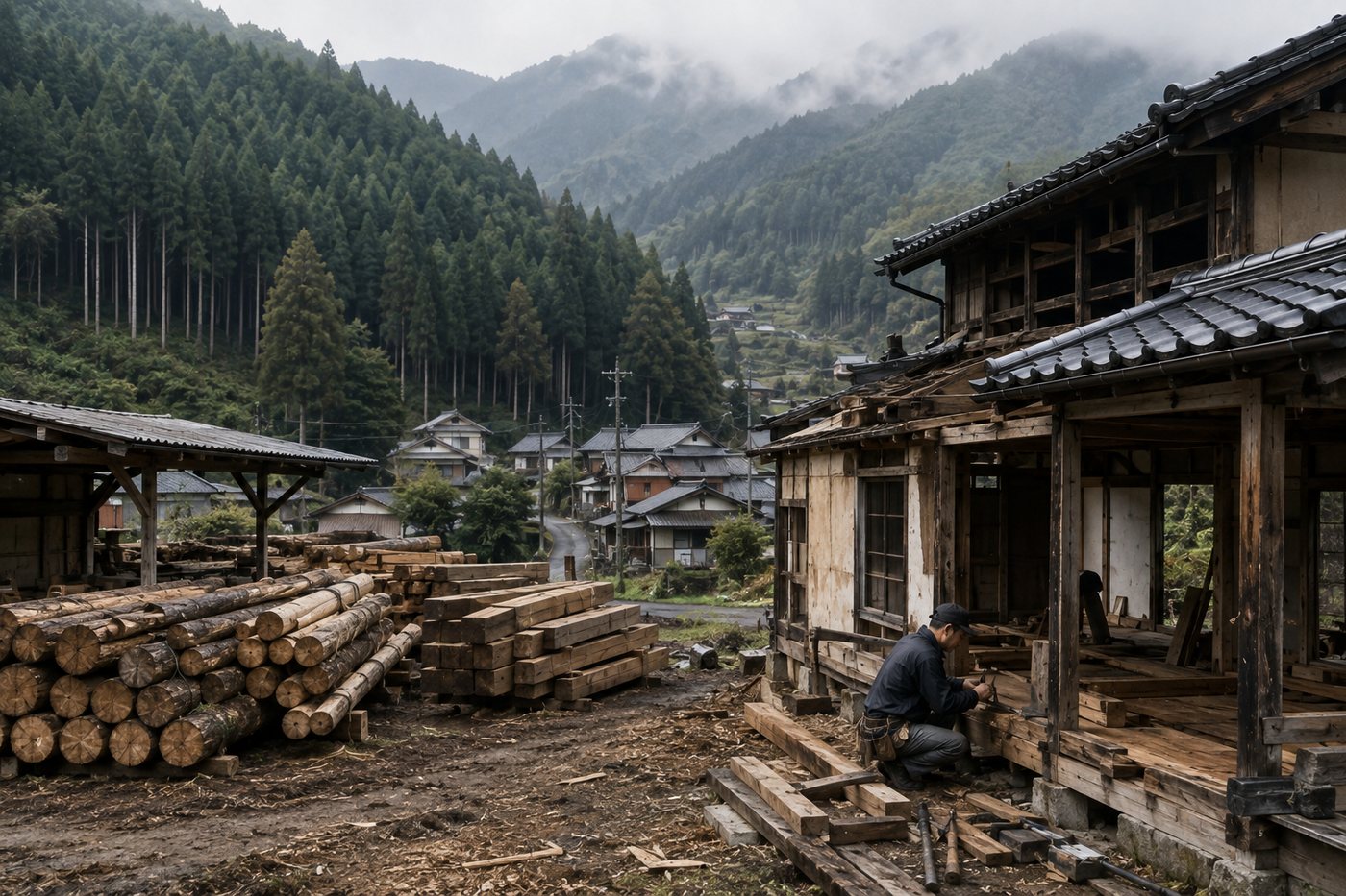 Construction of an old japanese house with forests in the background.