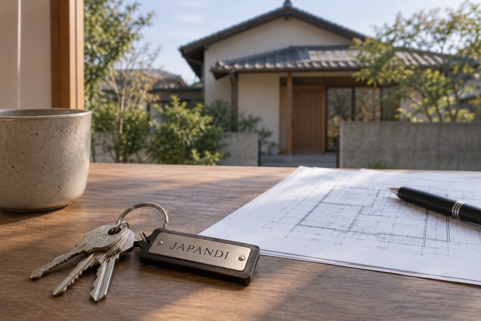 Keys with the JAPANDI logo overlooking a house.