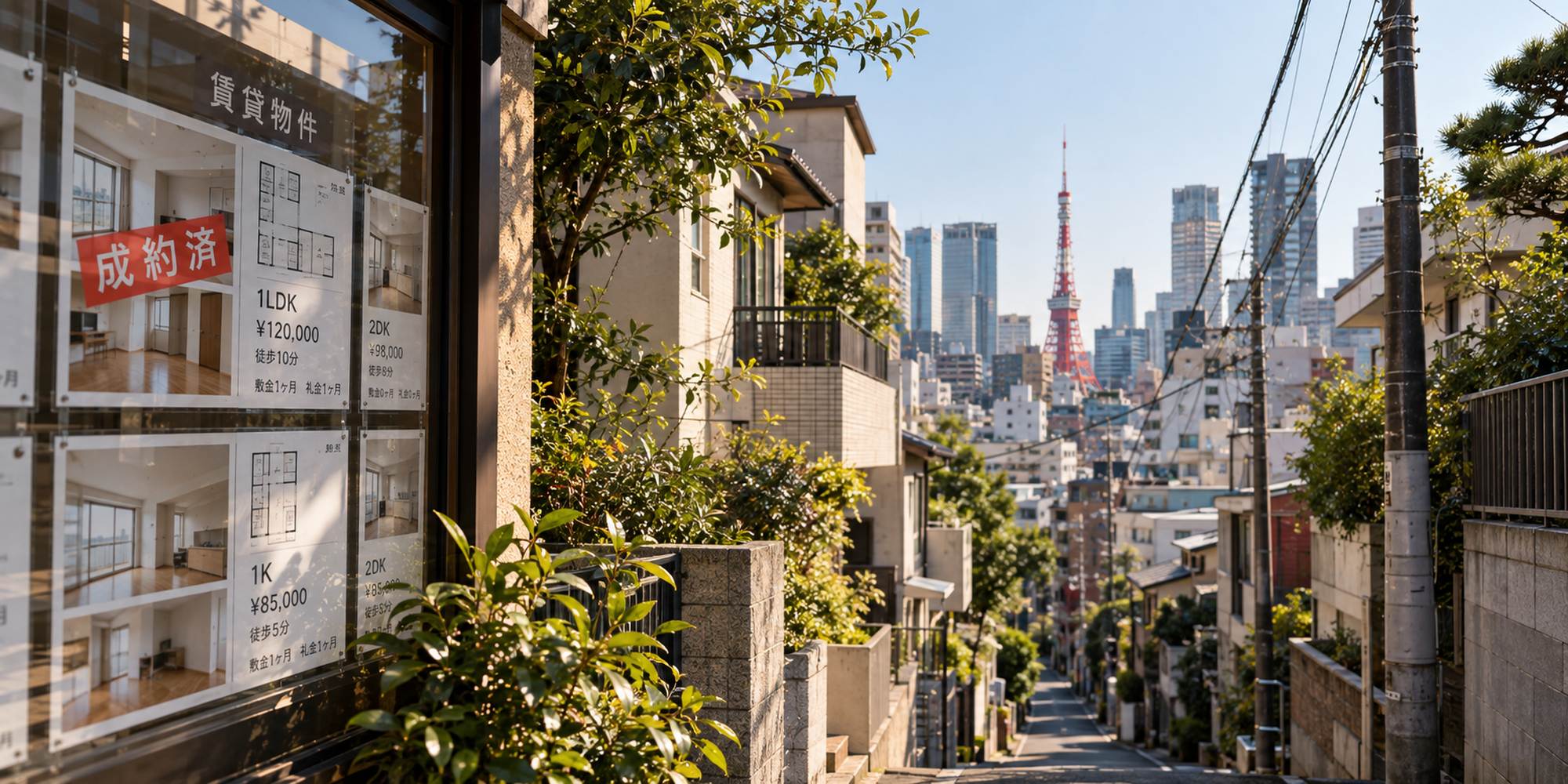 Tokyo rental property listings displayed outside a real estate agency, with a sold sign and Tokyo skyline in the background.