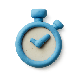Blue stopwatch made from clay with hands indicating time.
