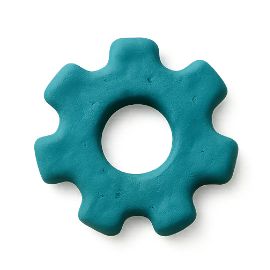 Blue gear-shaped object made of play dough on a white background.