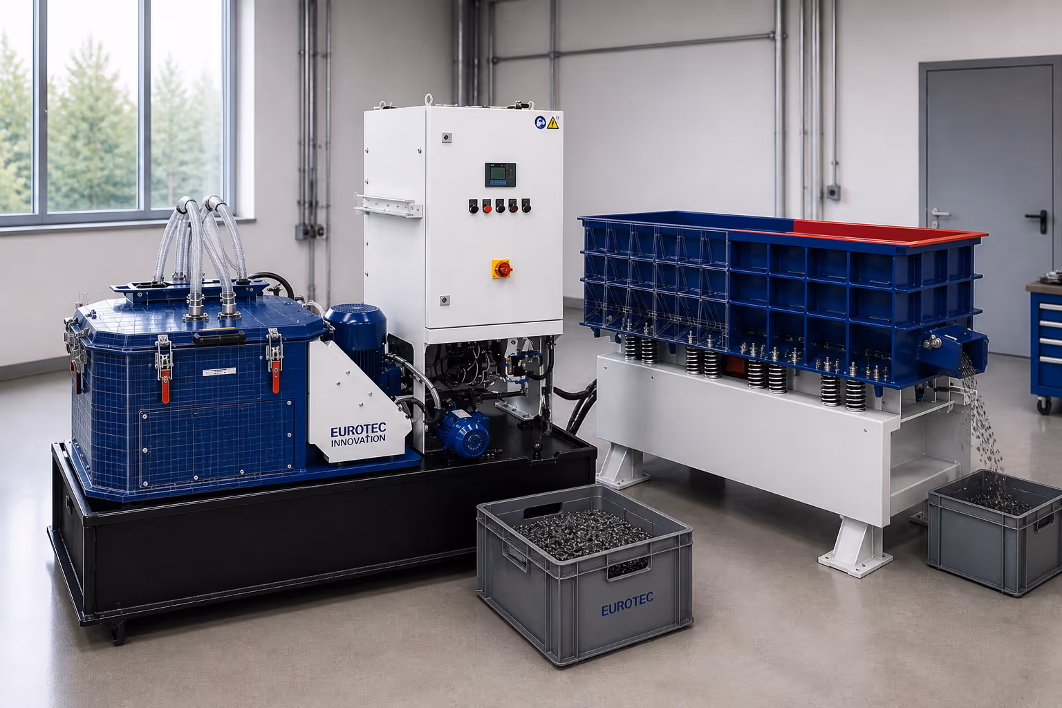 Industriemaschine von EUROTEC mit blauen und weißen Teilen verarbeitet Metallspäne in grauen Kisten.