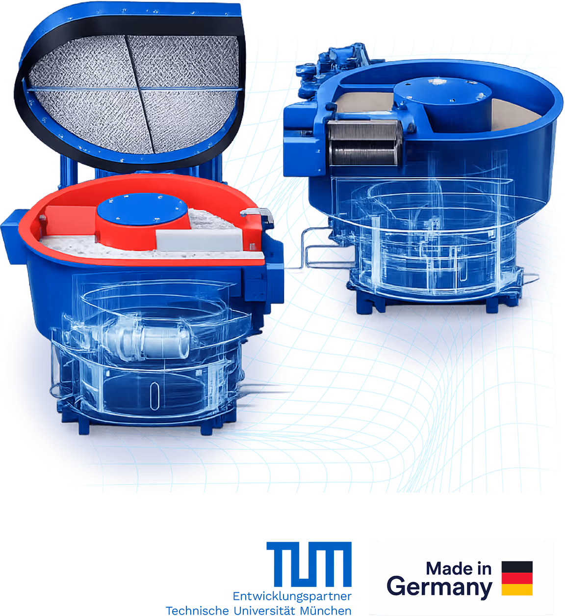 Ingenieurmodelle von zwei Maschinen mit halbtransparenten Gehäusen und rot-blauen Oberteilen.
