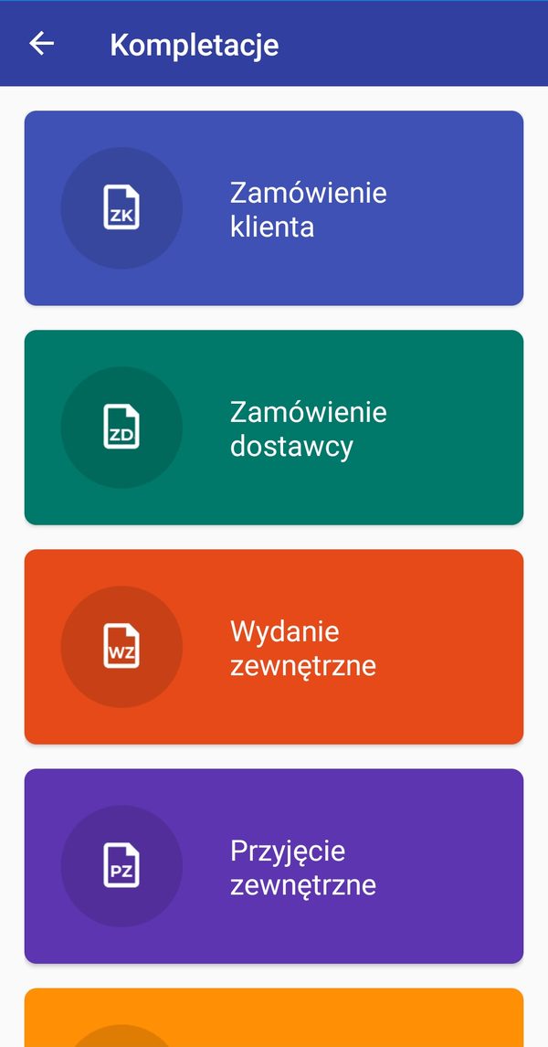 Ekran 4MAG: wybór typu dokumentu do kompletacji — zamówienie klienta ZK, zamówienie dostawcy ZD, wydanie zewnętrzne WZ, przyjęcie zewnętrzne PZ.