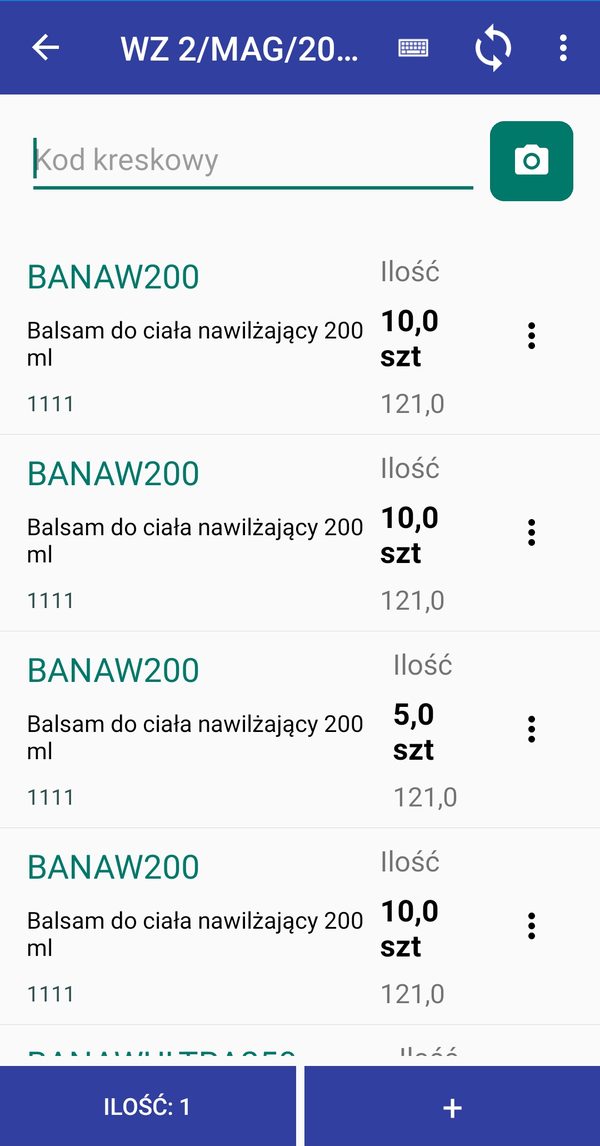 Ekran 4MAG: kompletacja dokumentu WZ na terminalu — pole kodu kreskowego, skan aparatem i lista pozycji ze skompletowanymi ilościami.