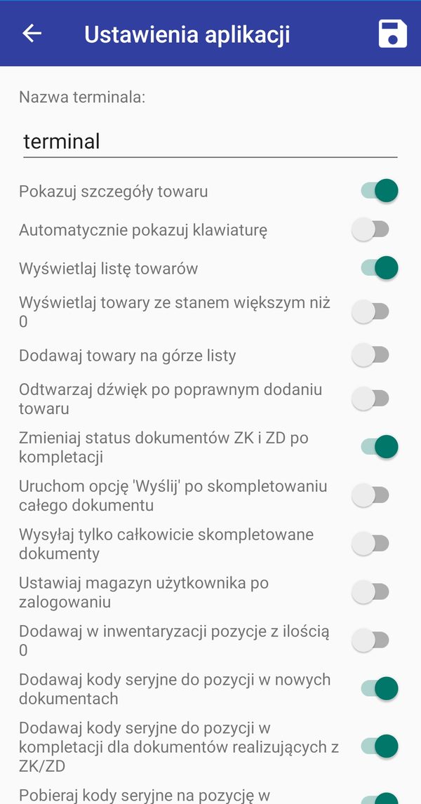 Ekran 4MAG: ustawienia aplikacji na terminalu — przełączniki sterujące sposobem kompletacji, obsługą kodów seryjnych i zachowaniem listy towarów.