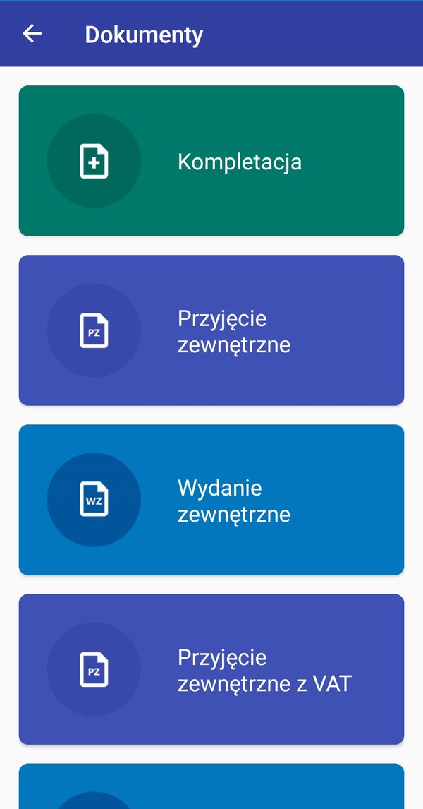 Ekran 4MAG: lista dokumentów magazynowych — kompletacja, przyjęcie zewnętrzne PZ, wydanie zewnętrzne WZ, przyjęcie zewnętrzne z VAT.