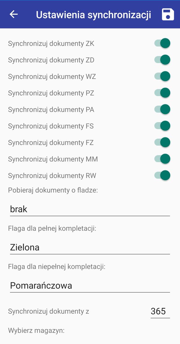 Ekran 4MAG: ustawienia synchronizacji z systemem ERP — wymiana dokumentów ZK, ZD, WZ, PZ, PA, FS, FZ, MM i RW oraz flagi kompletacji.